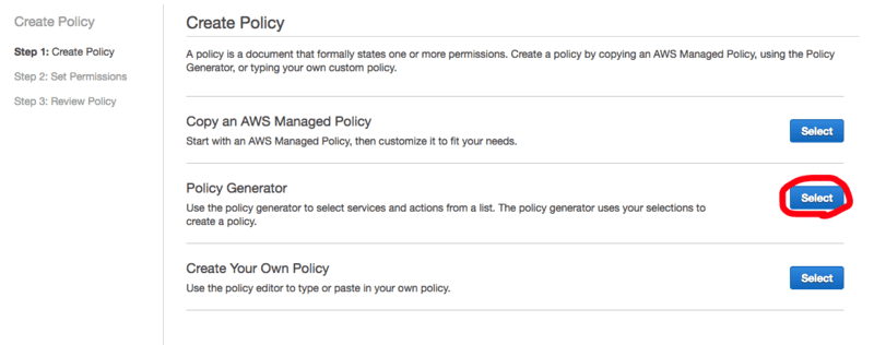 Amazon S3 Policy Generator  の在り処: Policy Generator を Select