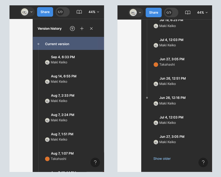 FigmaのVersion historyを表示した画面キャプチャ