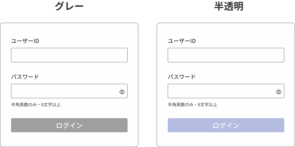 非活性ボタンについてのブログ。グレーのボタンと半透明のボタン。