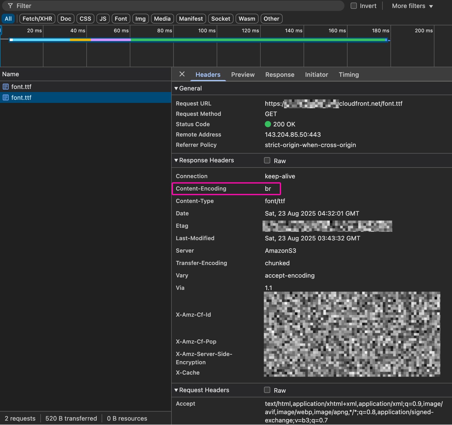圧縮化オプションを有効化したフォントファイルのレスポンスヘッダー｡
Content-Encoding:br が含まれているため圧縮されています｡