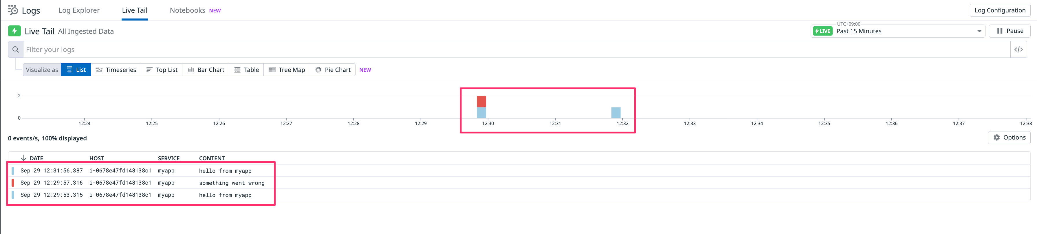 Datadog Logs の Live Tail でリアルタイム到着を確認している画面