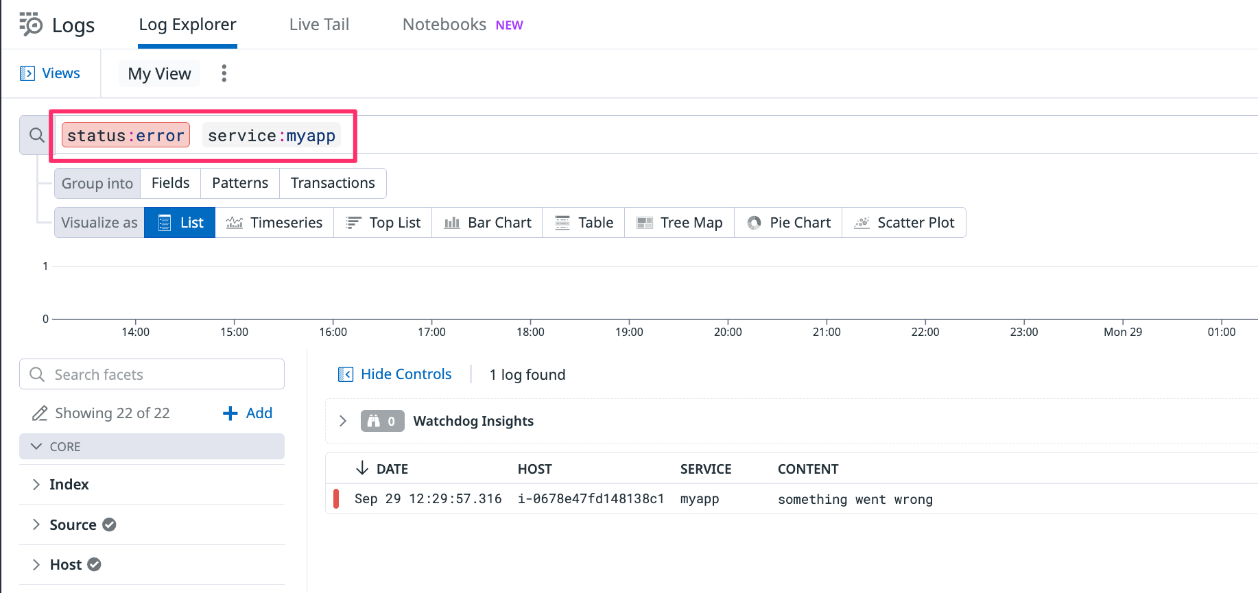 Datadog Logs 検索で status:error と service:myapp を指定して結果を表示している画面