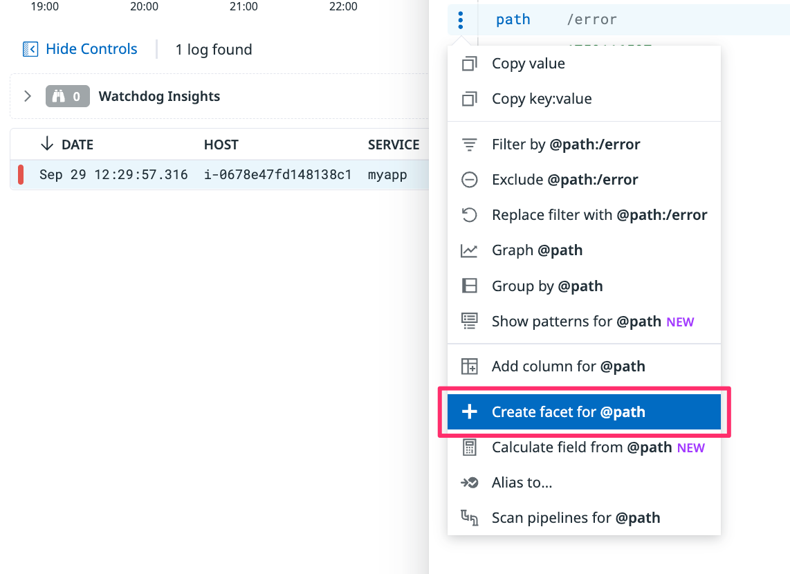 Datadog Logs のログ詳細メニューから Create facet を選択する画面(例:@value)