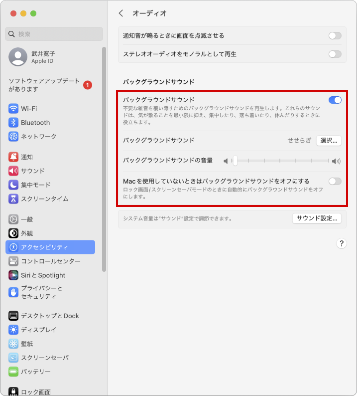 設定場所：「システム設定」＞「アクセシビリティ」＞「オーディオ」＞「バックグラウンドサウンド」