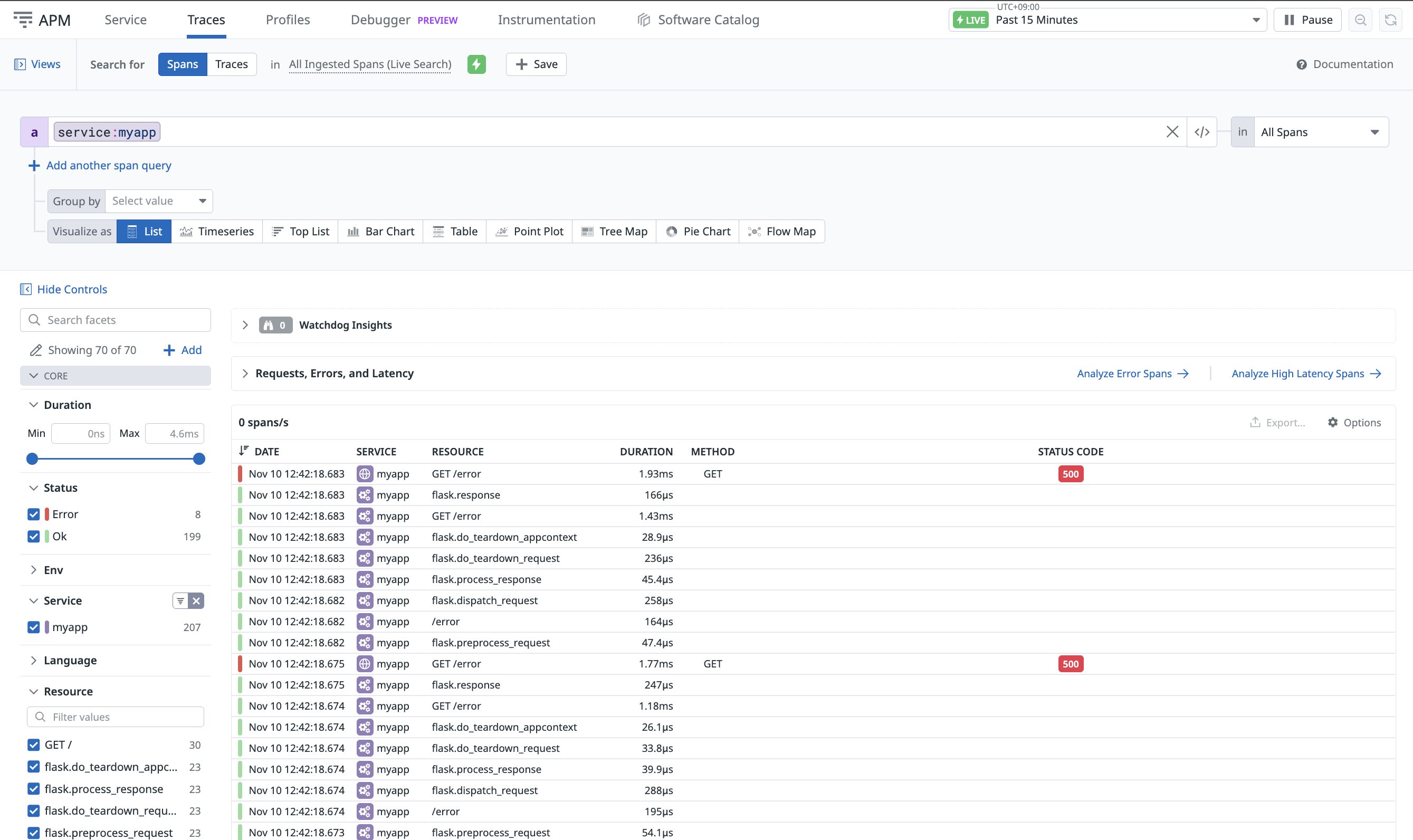 Datadog APM Traces タブで Search for に「service:myapp」を入力して到着確認している画面
