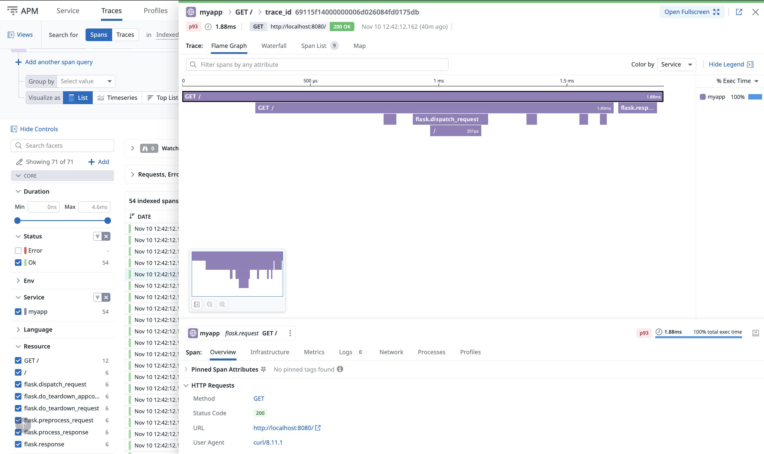Datadog APM の Flame Graph ビューでスパンごとの処理時間を可視化している画面