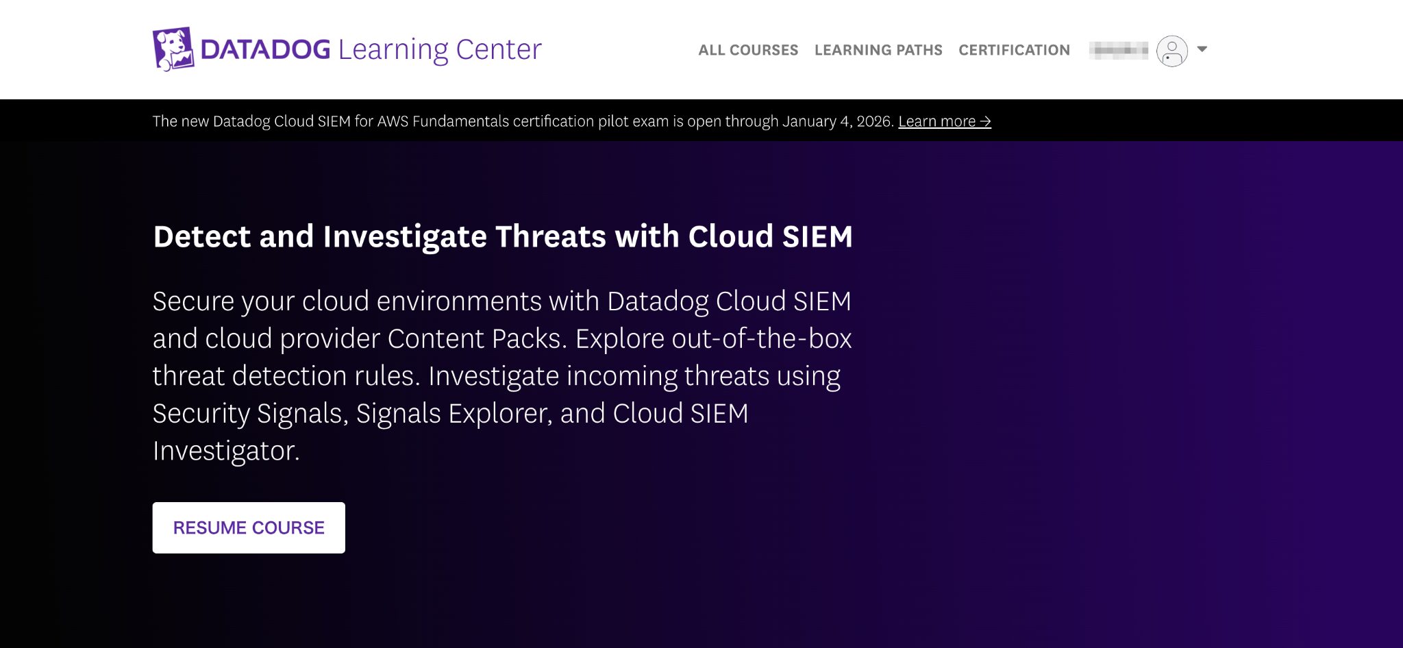 Datadog Learning Center Detect and Investigate Threats with Cloud SIEM コース画面