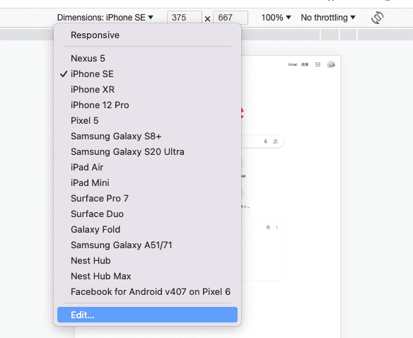 edit device settings on devtools