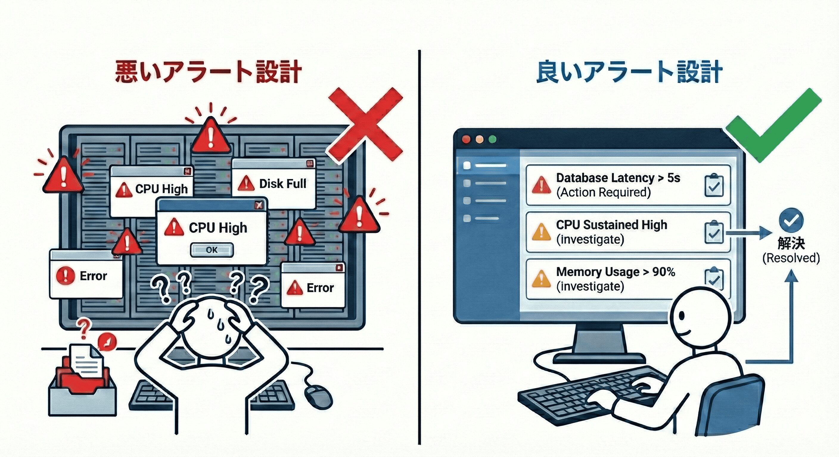 アラート設計の良し悪しを示すイメージ図