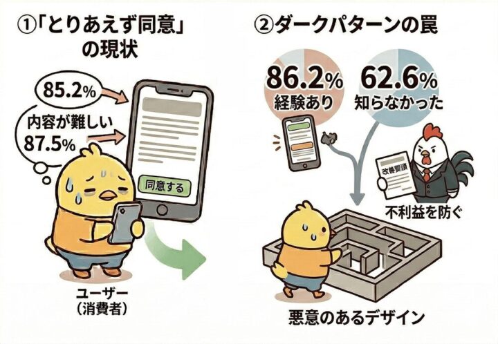 とりあえず同意とダークパターンの罠のイメージイラスト