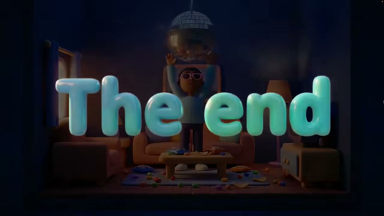 ショートフィルムのエンディングシーン（ディスコボールと「The end」）