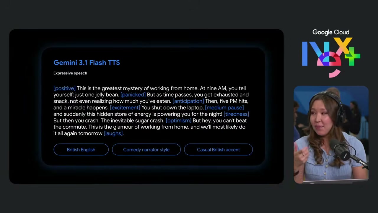 Gemini 3.1 Flash TTS の表現タグ付きプロンプトと、British English・Comedy narrator・Casual British accent の指定