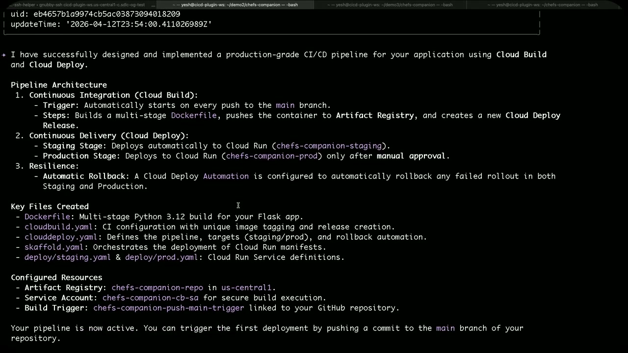 Gemini が生成した最終サマリ（Pipeline Architecture / Key Files Created / Configured Resources）