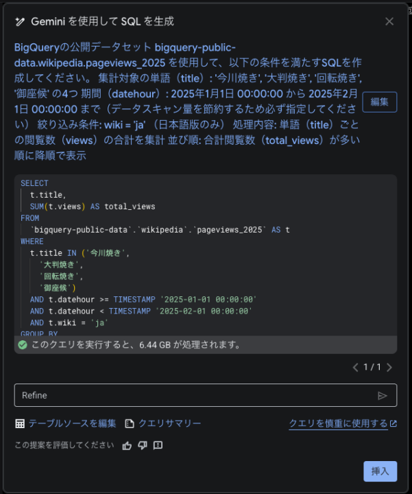 BigQueryでGeminiに日本語で指示してSQLを生成している画面