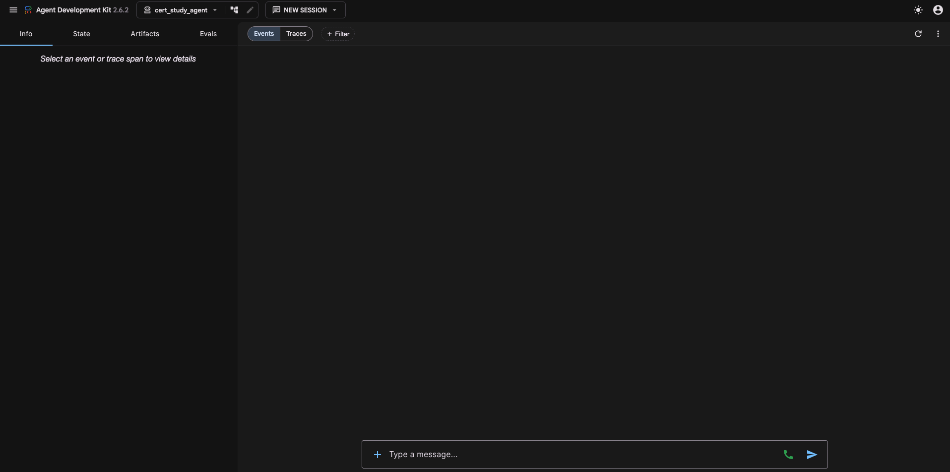 Cloud Shell から adk web を起動し、ブラウザで ADK の開発用 UI（Dev UI）が開いた画面