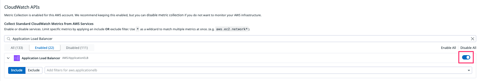 Datadog AWS IntegrationのMetric CollectionでApplication Load Balancerのメトリクス収集を有効にした画面