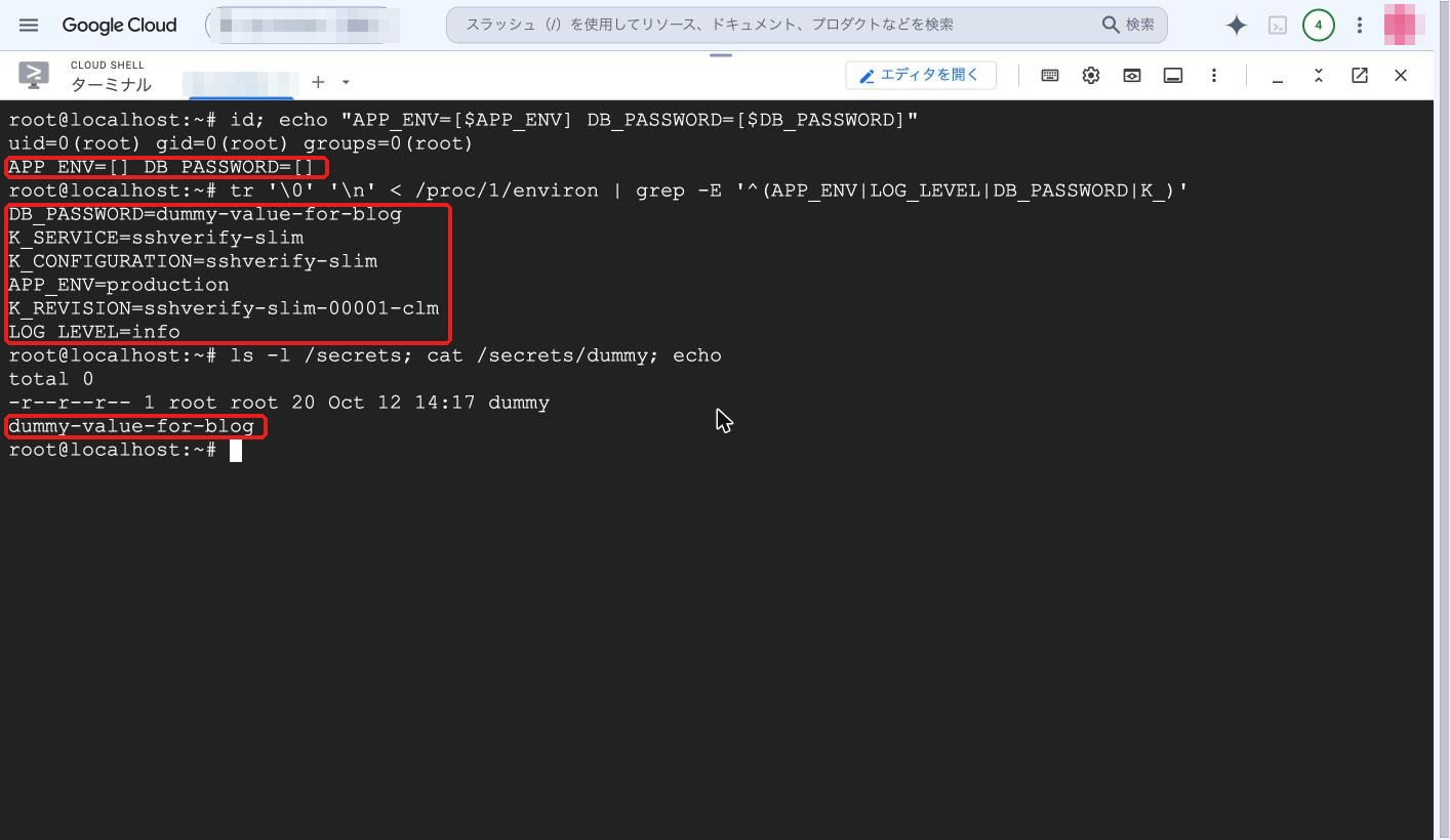実行ユーザー、環境変数、Secret のファイル