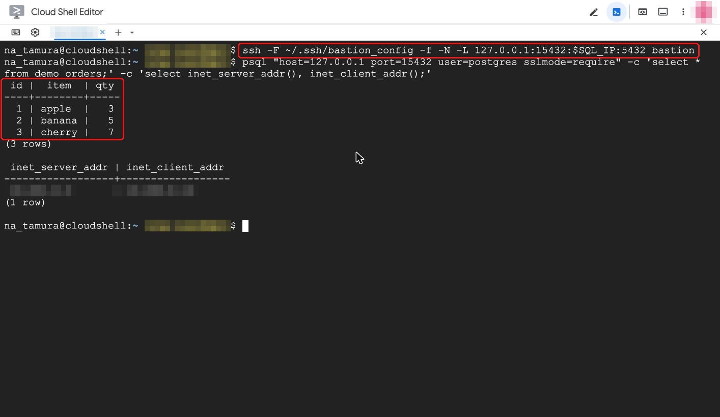 トンネル経由で psql を実行した結果