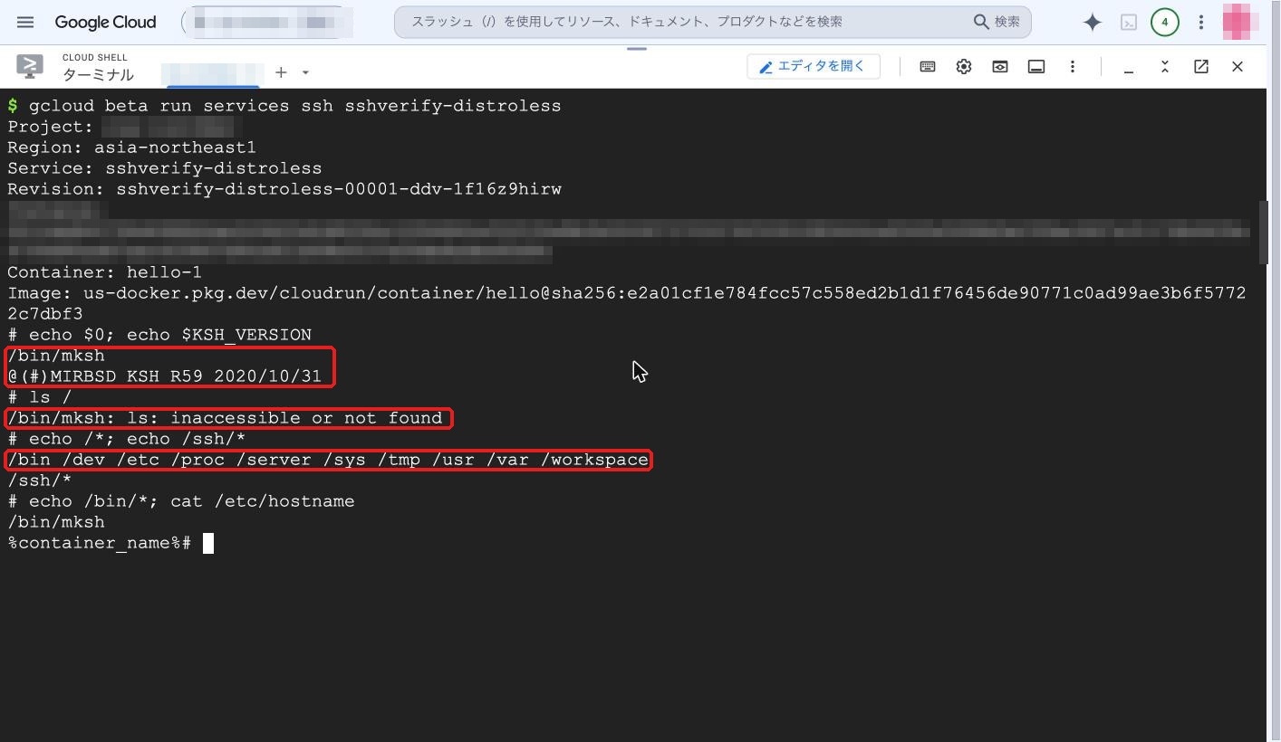 シェルのないイメージに SSH した結果