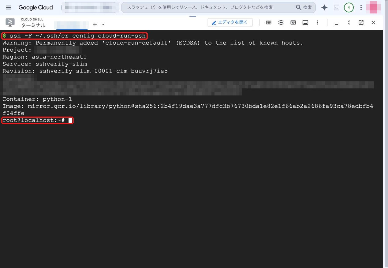 ssh コマンドで接続した結果