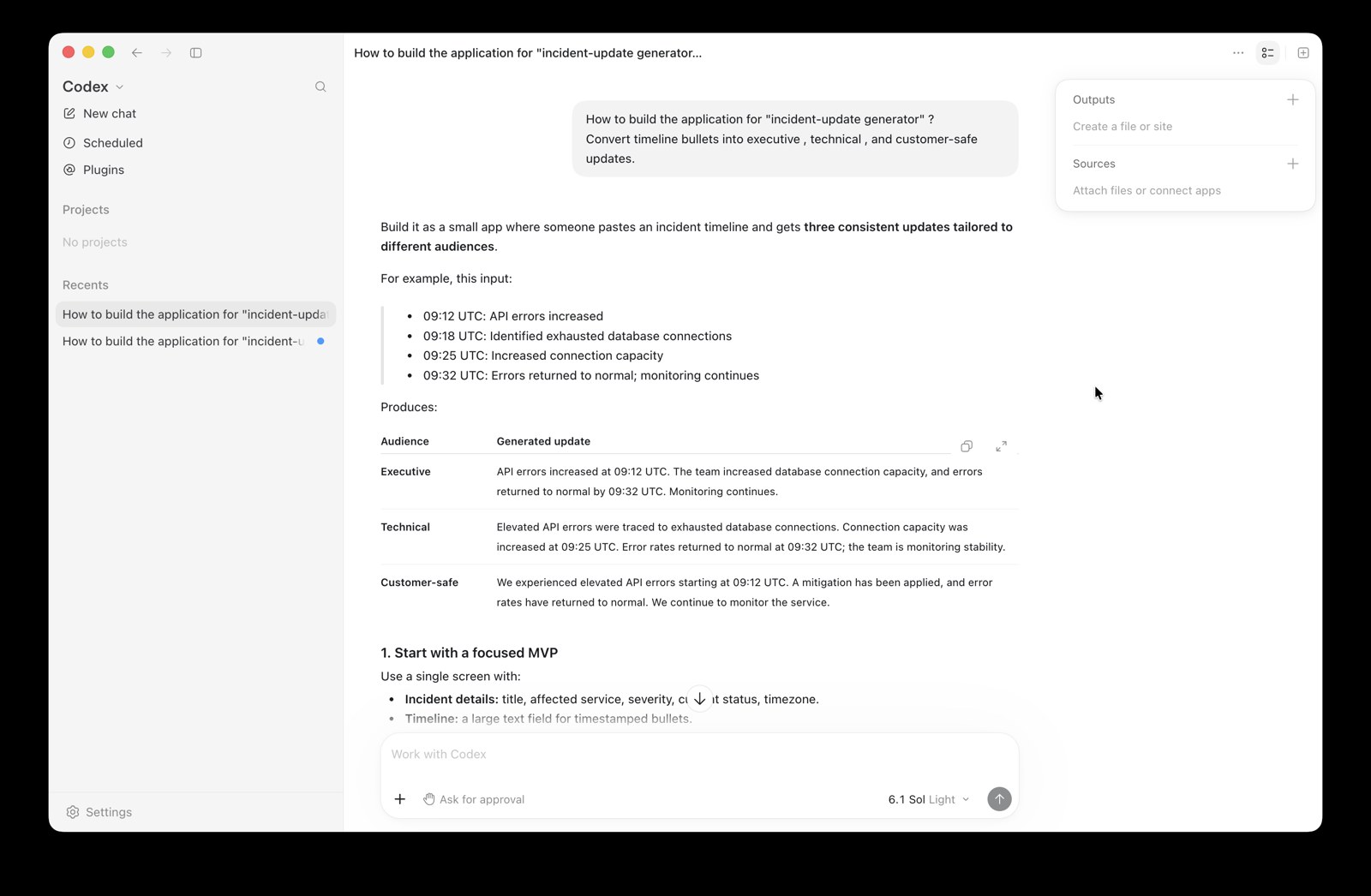 Codex に incident-update generator の作り方を相談した画面